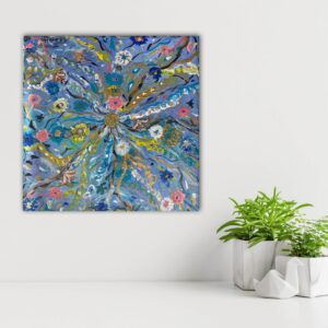 Tablou pictat manual, ulei pe panza, Dansul florilor din vis, 20x20cm