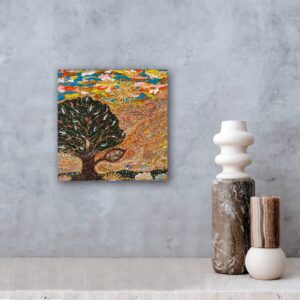 Tablou pictat manual – Copacul din padurea fermecata, acrilice, texturat, 20x20cm